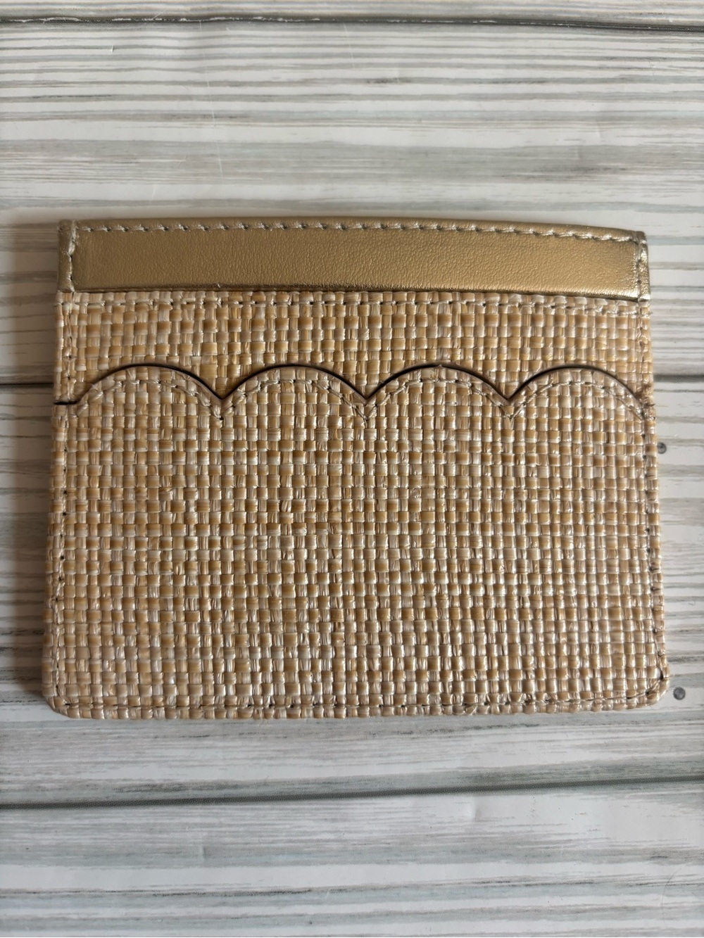 J. Crew Woven scalloped wallet with metallic trim